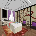 SPA Sauna Room Interior With Massage Bed Purple Chairs And Decorative Wall