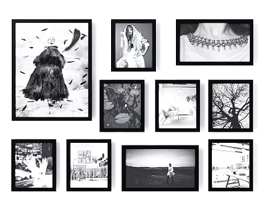 Modern Photo Wall Design With Framed Black And White Photos Of People Landscapes And Objects 3d model
