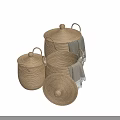 Woven Storage Baskets With Lids Handles And Gray Towels For Home Organization