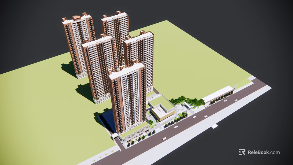 High Rise Residential Buildings Complex With Surrounding Green Space And Road Access 3d model 