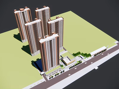 High Rise Residential Buildings Complex With Surrounding Green Space And Road Access 3d model