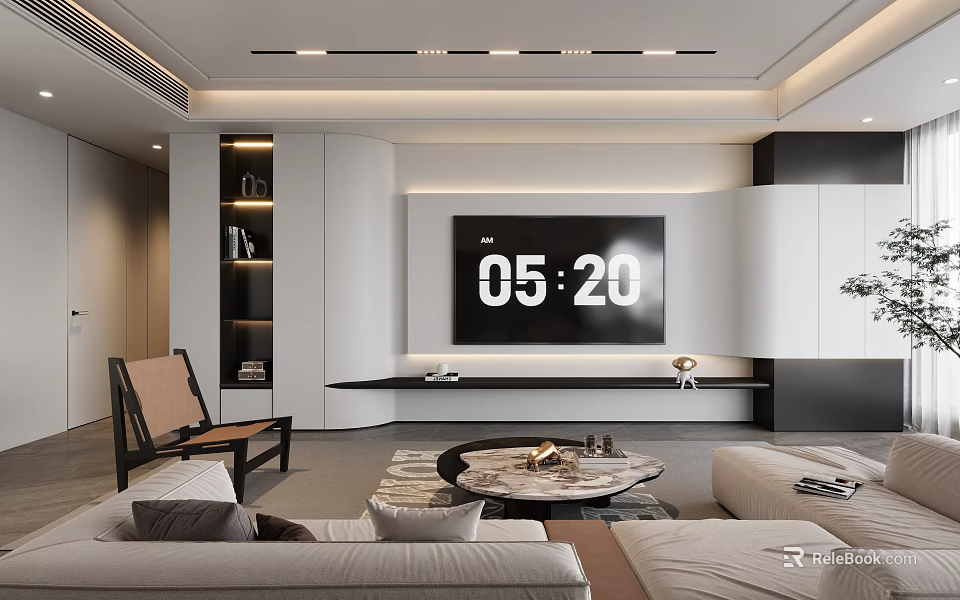 Modern TV Background Wall in Living Room with White Black Cabinets Sofa and Coffee Table 3d model 