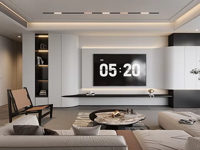 Modern TV Background Wall in Living Room with White Black Cabinets Sofa and Coffee Table 3d model
