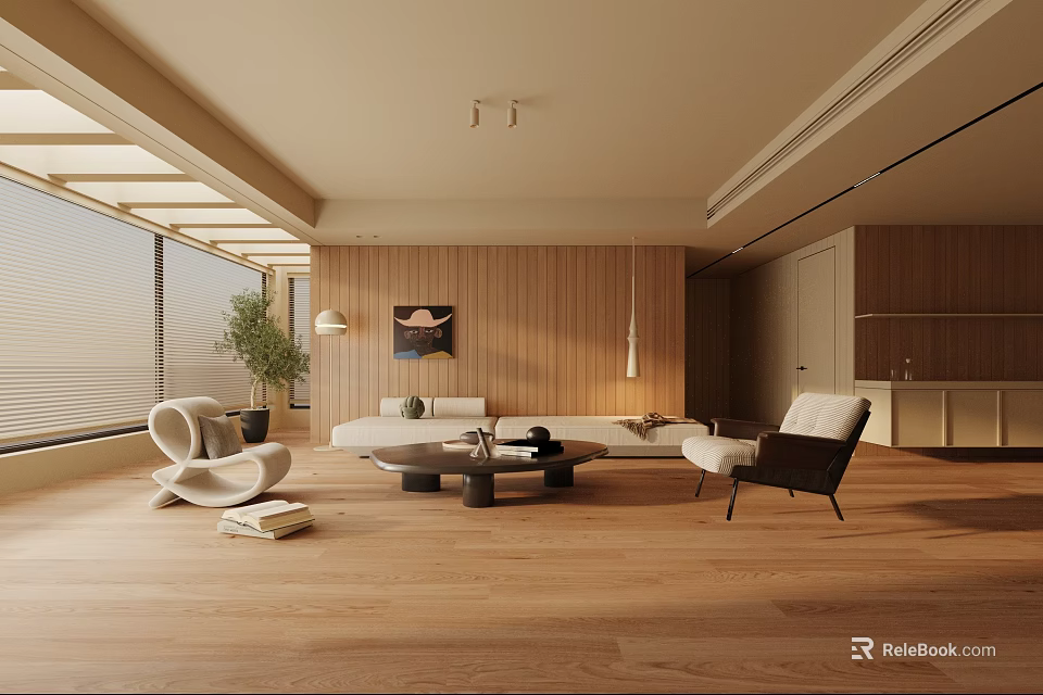 Modern Living Room Interior With Wooden Walls Flooring Sofa Armchairs Coffee Table And Decorative Art 3d model 