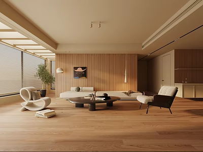 Modern Living Room Interior With Wooden Walls Flooring Sofa Armchairs Coffee Table And Decorative Art 3d model