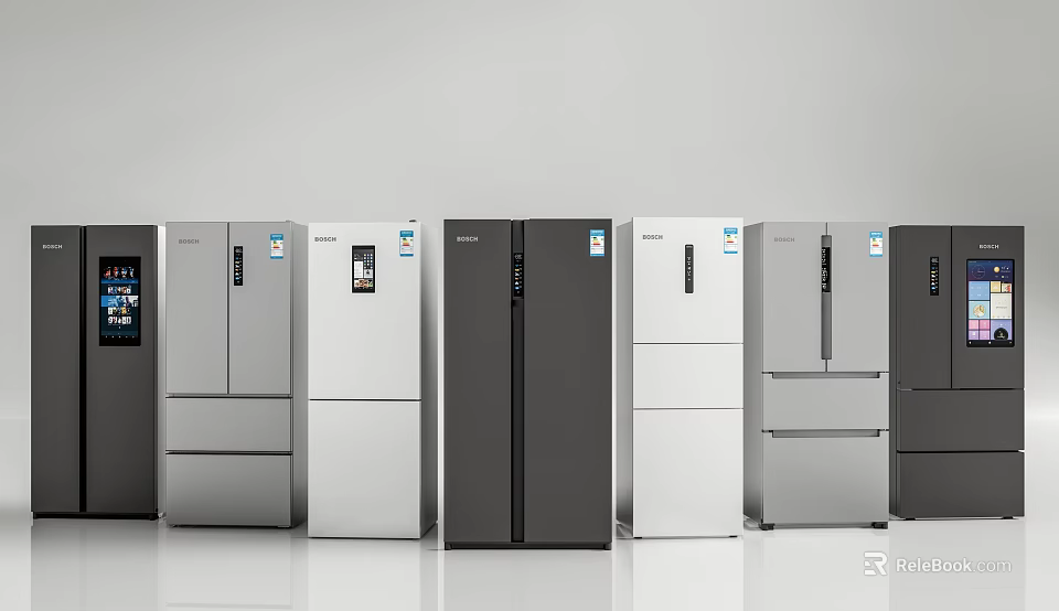 Various Styles And Colors Of Modern Refrigerators Displayed Side By Side 3d model 