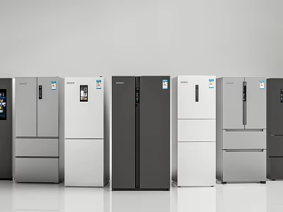 Various Styles And Colors Of Modern Refrigerators Displayed Side By Side 3d model