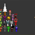 Colorful Cartoon Characters And Creatures With Various Shapes And White Christmas Tree