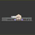 Cartoon Scene of Commercial Building with White Roof Glass Entrance Flags and Lamp Posts