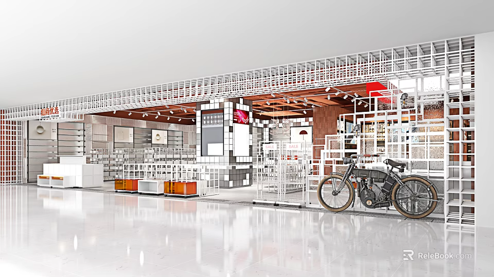 Modern Retail Showroom Interior With Bicycle Display Metal Shelving And Open Layout 3d model 