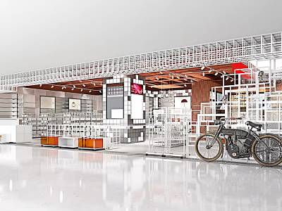 Modern Retail Showroom Interior With Bicycle Display Metal Shelving And Open Layout 3d model