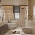 Modern Bathroom Interior With Marble Wall Oval Bathtub Dark Cabinets Framed Mirror And Window Blinds