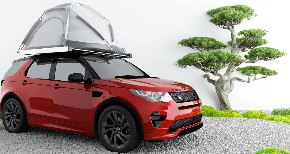 Red SUV Featuring Transparent Roof Tent Parked By Pine Trees And Green Grass 3d model 