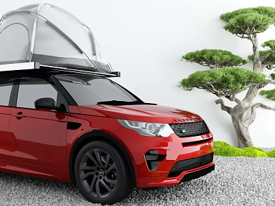 Red SUV Featuring Transparent Roof Tent Parked By Pine Trees And Green Grass 3d model