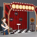 Vintage Beiping Era Scene With Neon Sign Red Curtain Gramophone And Qipao Women