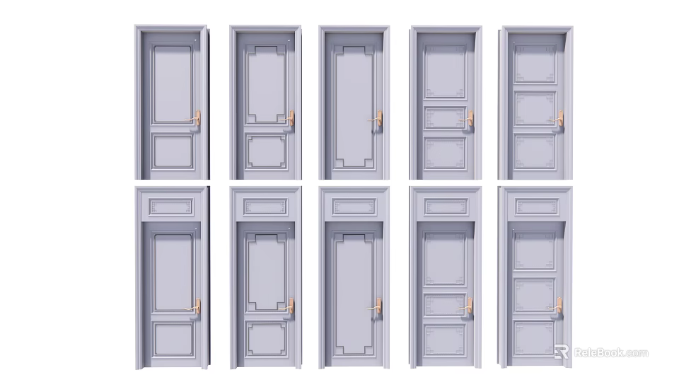 Light Gray Hinged Doors With Various Panel Patterns And Golden Handles For Interior 3d model