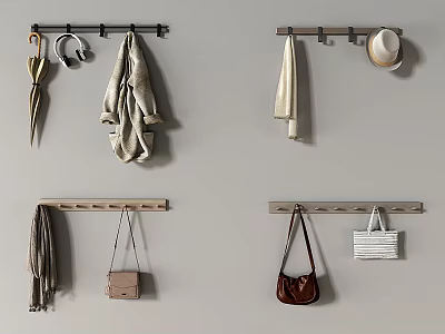 Functional Wall Hooks With Coats Handbags Umbrella And Hat For Home Organization 3d model