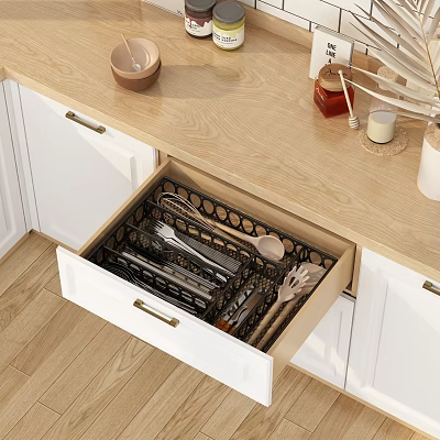 Neatly Arranged Utensil Set in Organized Kitchen Drawer with Wooden Countertop 3d model