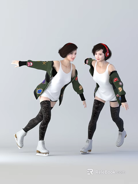 Women Posing In White Tank Tops Green Jackets With Patches Black Socks And Red Headphones 3d model 