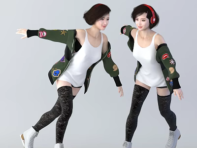 Women Posing In White Tank Tops Green Jackets With Patches Black Socks And Red Headphones 3d model
