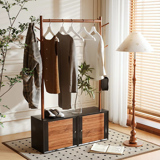 Modern Indoor Clothes Rack With Hanging Clothes And Wooden Cabinet Storage 3d model 
