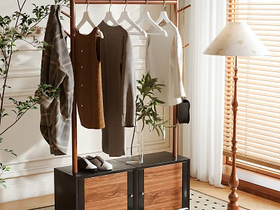Modern Indoor Clothes Rack With Hanging Clothes And Wooden Cabinet Storage 3d model