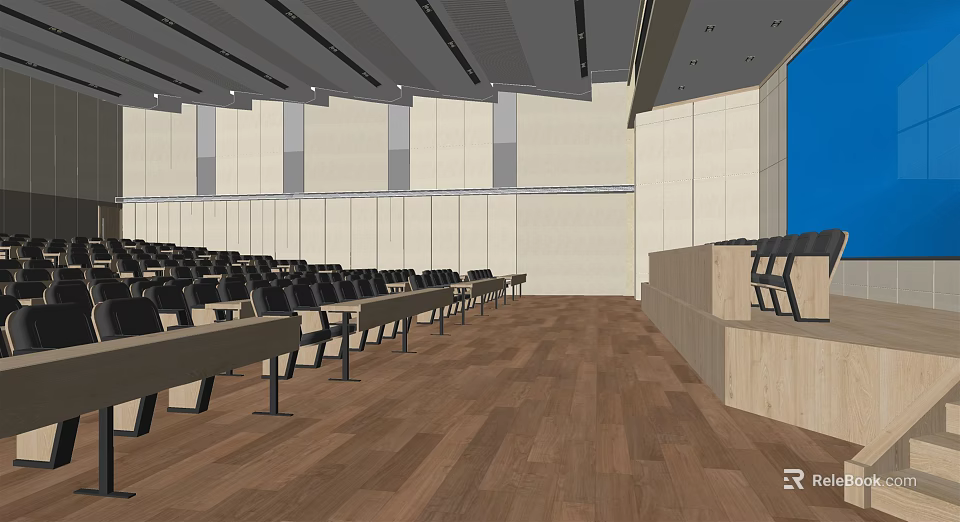 Spacious Conference Room Interior With Rows Of Black Seats Podium And Wooden Flooring 3d model 