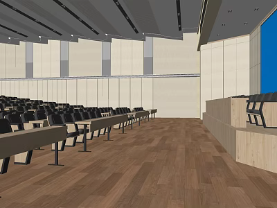 Spacious Conference Room Interior With Rows Of Black Seats Podium And Wooden Flooring 3d model
