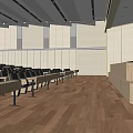 Spacious Conference Room Interior With Rows Of Black Seats Podium And Wooden Flooring