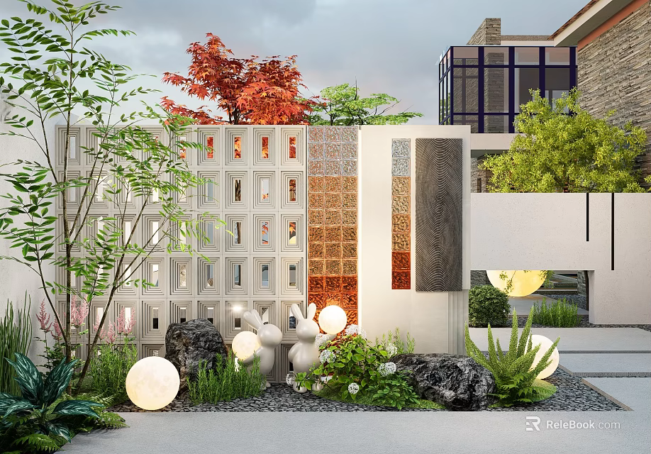 Modern Garden Landscape with Lattice Partition Wall Red Trees Round Lamps and Pebble Ground 3d model 