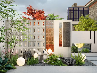 Modern Garden Landscape with Lattice Partition Wall Red Trees Round Lamps and Pebble Ground 3d model
