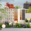 Modern Garden Landscape with Lattice Partition Wall Red Trees Round Lamps and Pebble Ground