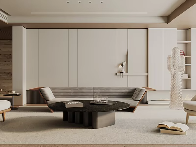 Modern Living Room Interior With Sofa Round Black Coffee Table White Cabinets And Carpet 3d model