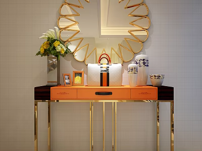 Entryway Console Table with Golden Legs Orange Drawer and Decorative Mirror Flower Vase Ceramic Decor 3d model