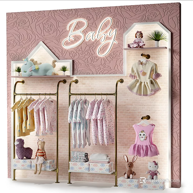 Baby Clothing Display Shelves With Hanging Outfits Plush Toys And Decorative Plants 3d model 