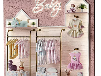 Baby Clothing Display Shelves With Hanging Outfits Plush Toys And Decorative Plants 3d model
