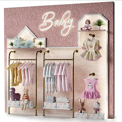 Baby Clothing Display Shelves With Hanging Outfits Plush Toys And Decorative Plants 3d model