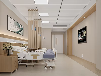 Modern Hospital Outpatient Clinic Interior With Beds Flowers And TV 3d model