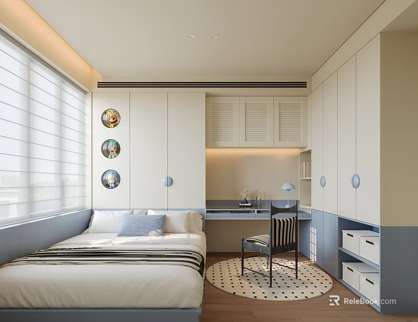Modern Tatami Bedroom Interior with Bed Window Blinds Wall Art Desk Chair and Storage 3d model 