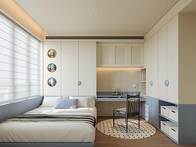 Modern Tatami Bedroom Interior with Bed Window Blinds Wall Art Desk Chair and Storage 3d model