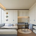 Modern Tatami Bedroom Interior with Bed Window Blinds Wall Art Desk Chair and Storage