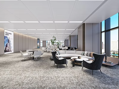 Spacious Modern Office Lounge With Sofa Round Tables Floor to Ceiling Windows and Green Plants 3d model