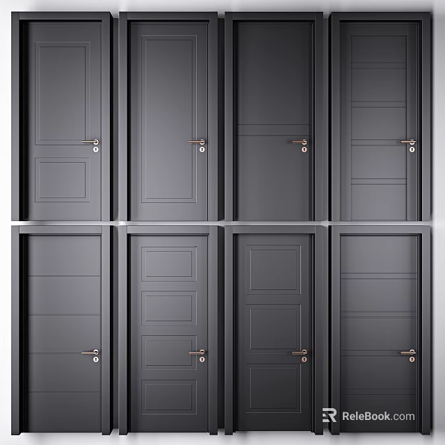 Multiple Modern Gray Hinged Doors With Different Panel Designs And Metal Handles 3d model 