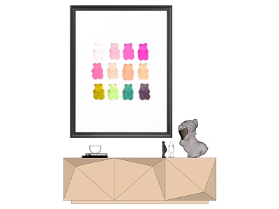 Framed Art With Colorful Bear Figures On Geometric Cabinet With Dog Figurine 3d model