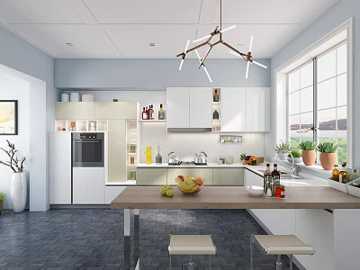 Modern Kitchen Interior With White Cabinets Island Counter Pendant Light Window And Plants 3d model