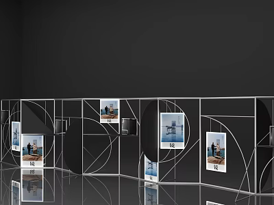Modern Exhibition Display With Geometric Frames And Hanging Photos On Reflective Floor 3d model