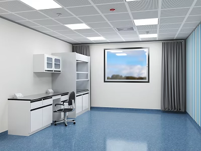 Lab Interior Design With White Bench Cabinets Chair Blue Flooring And Ceiling Lights 3d model