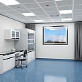 Lab Interior Design With White Bench Cabinets Chair Blue Flooring And Ceiling Lights 3d model