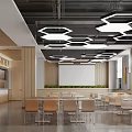 Modern Restaurant Interior With Hexagonal Pendant Lights Wooden Accents And Dining Tables