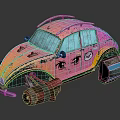 Vintage Beetle Style Car With Pink Orange Gradient Worn Texture Modified Wheels And Glowing Accents
